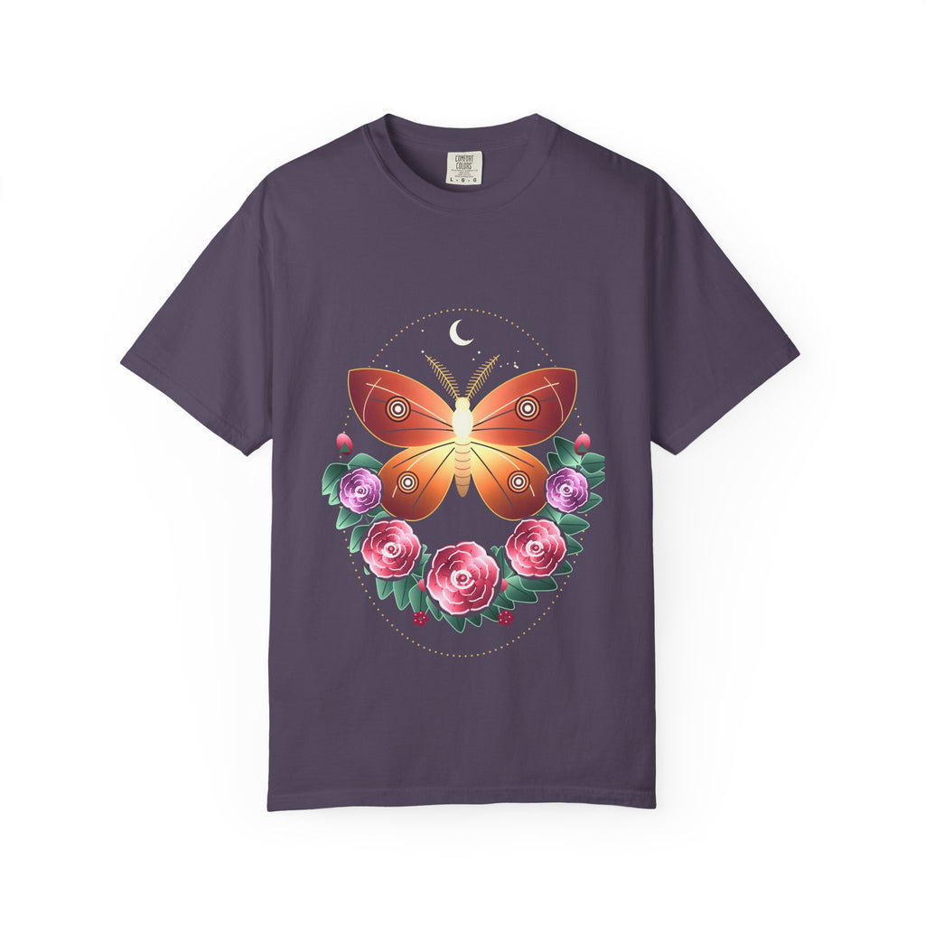 Moth and Rose graphic tee in Wine, original art by AuraCanvas