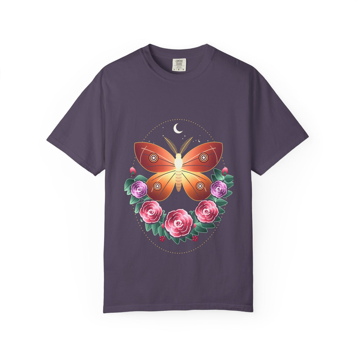 Moth and Rose graphic tee in Wine, original art by AuraCanvas