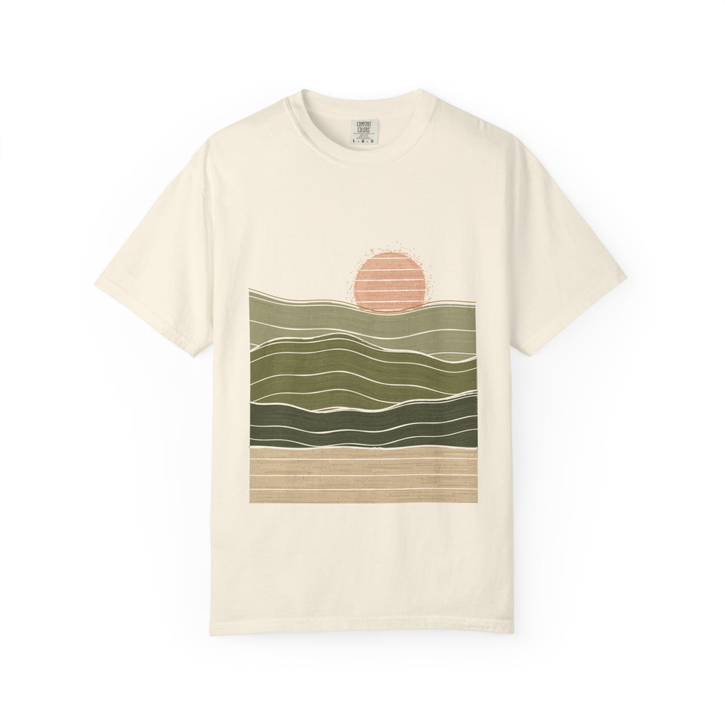 Olive Horizon graphic tee in Ivory, original art by AuraCanvas