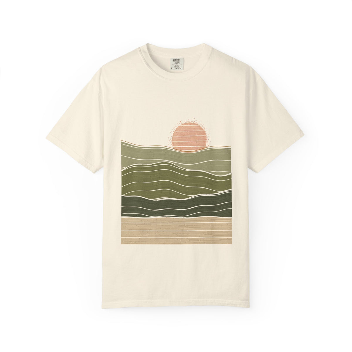 Olive Horizon graphic tee in Ivory, original art by AuraCanvas