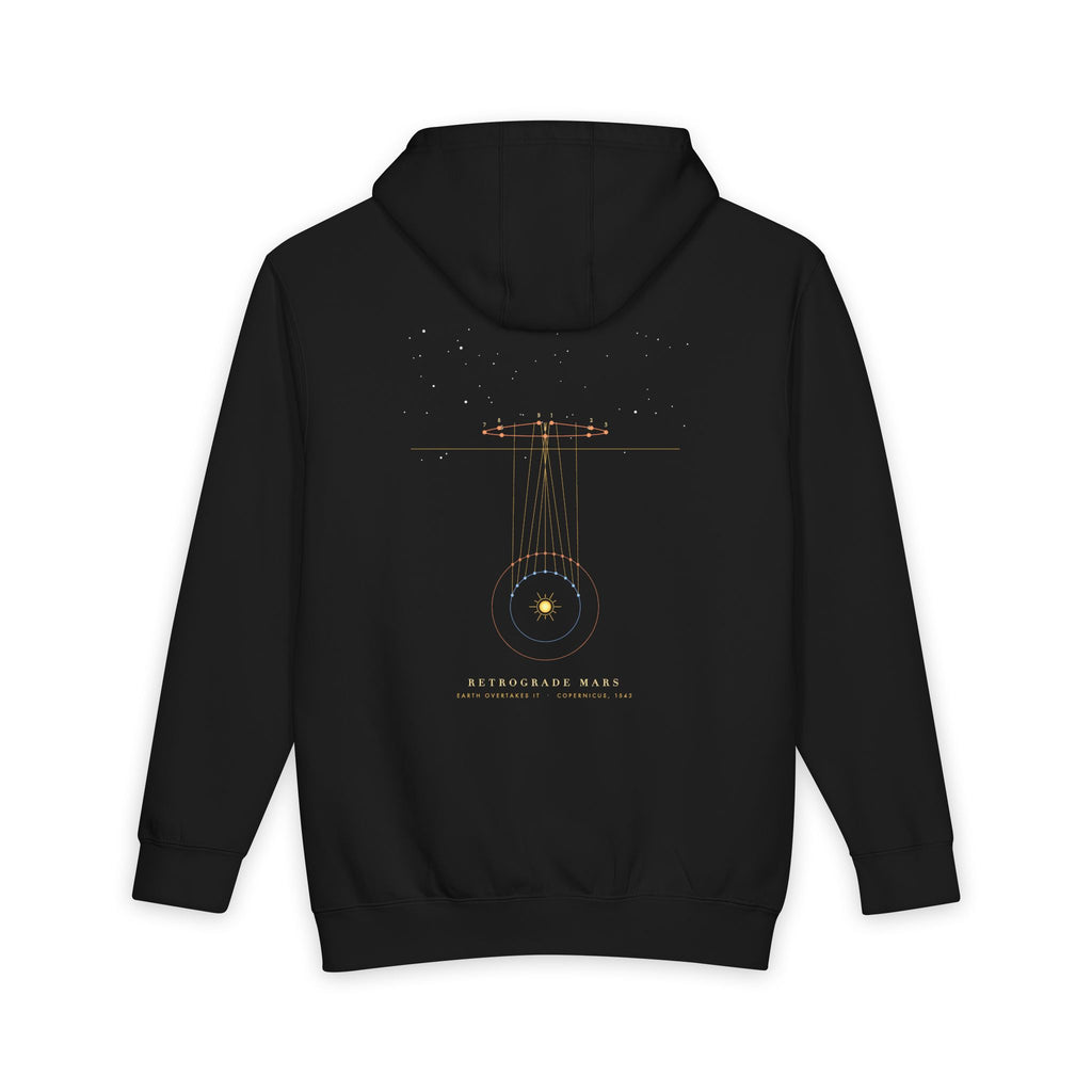 Retrograde Mars heavyweight hoodie in Black, original art by AuraCanvas