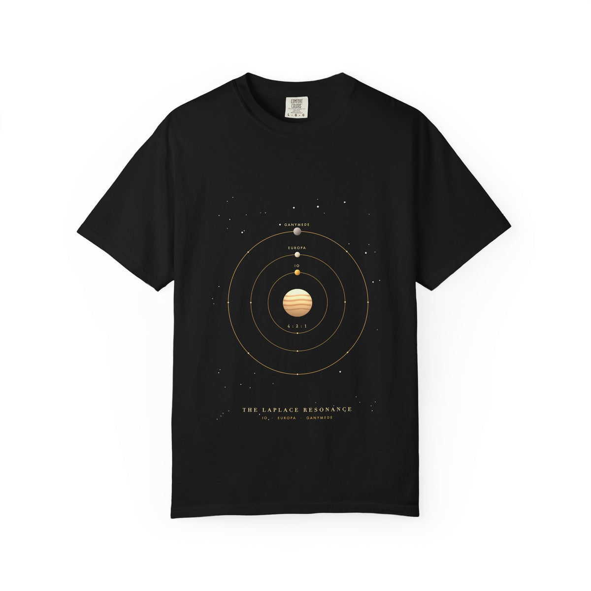 The Laplace Resonance graphic tee in Black, original art by AuraCanvas