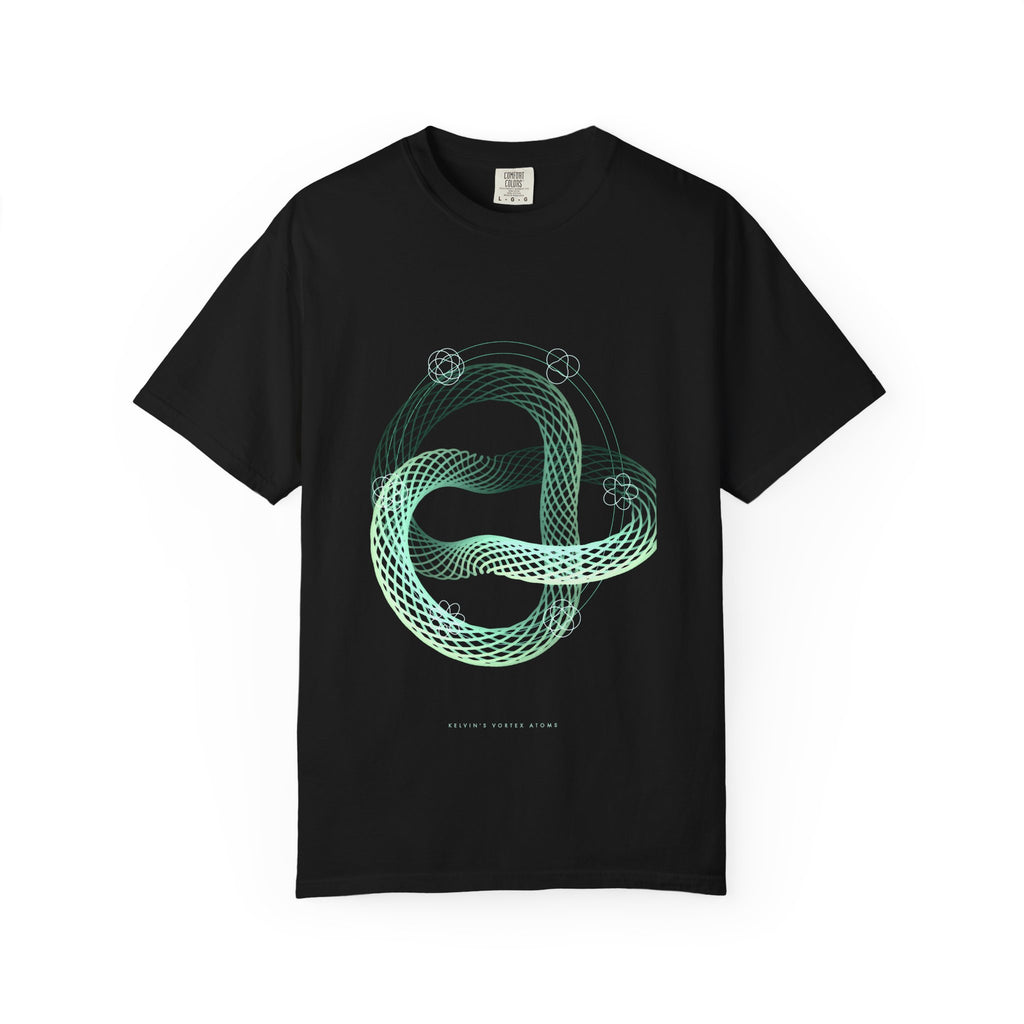 Kelvin's Vortex Atoms graphic tee in Black, original art by AuraCanvas