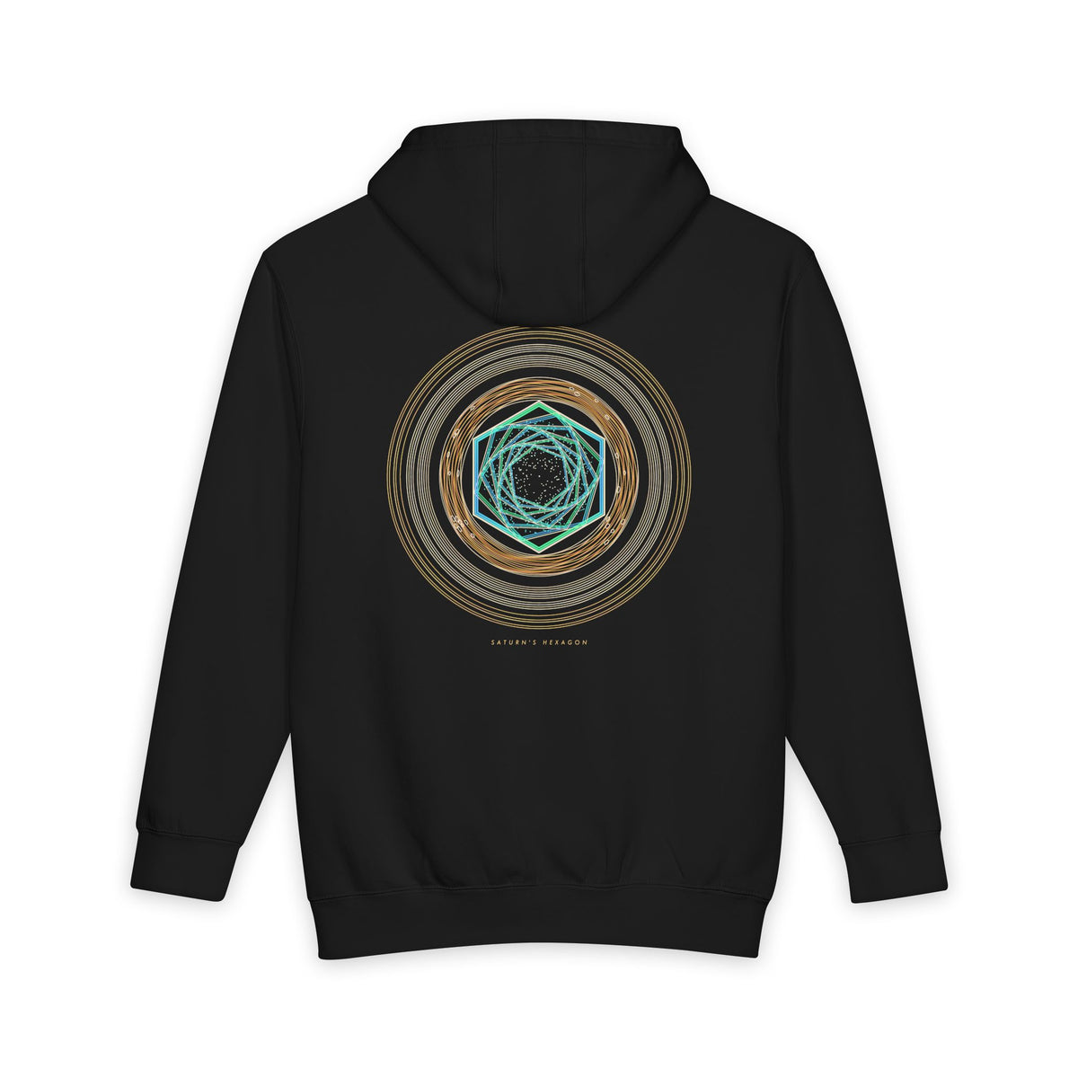 Saturn's Hexagon heavyweight hoodie in Black, original art by AuraCanvas
