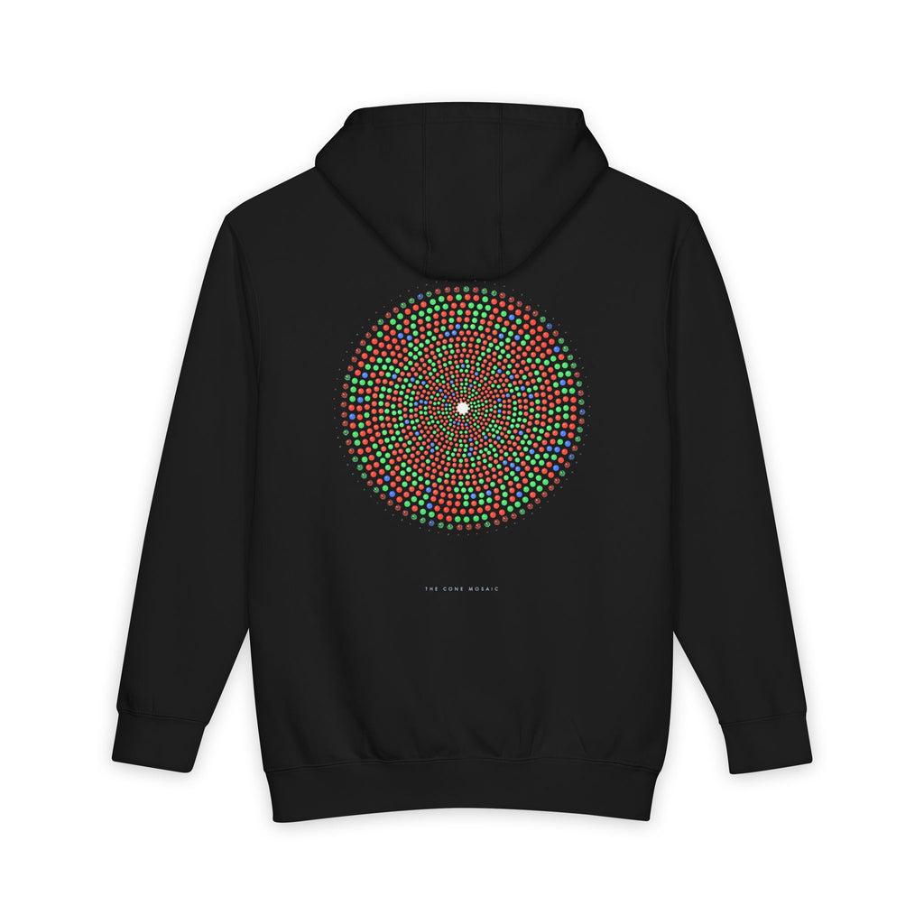 The Cone Mosaic heavyweight hoodie in Black, original art by AuraCanvas