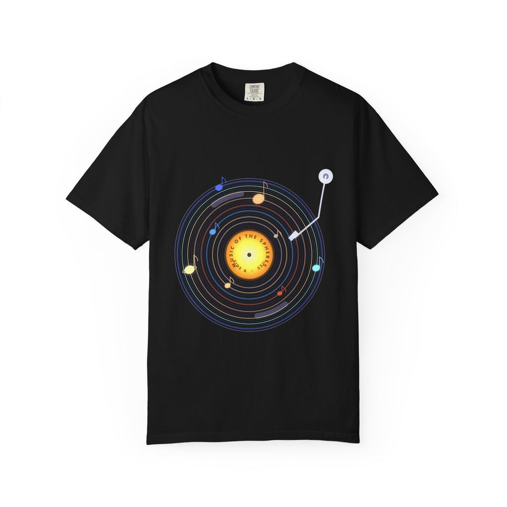 Music of the Spheres graphic tee in Black, original art by AuraCanvas