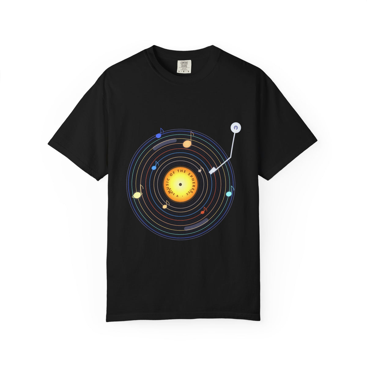 Music of the Spheres graphic tee in Black, original art by AuraCanvas