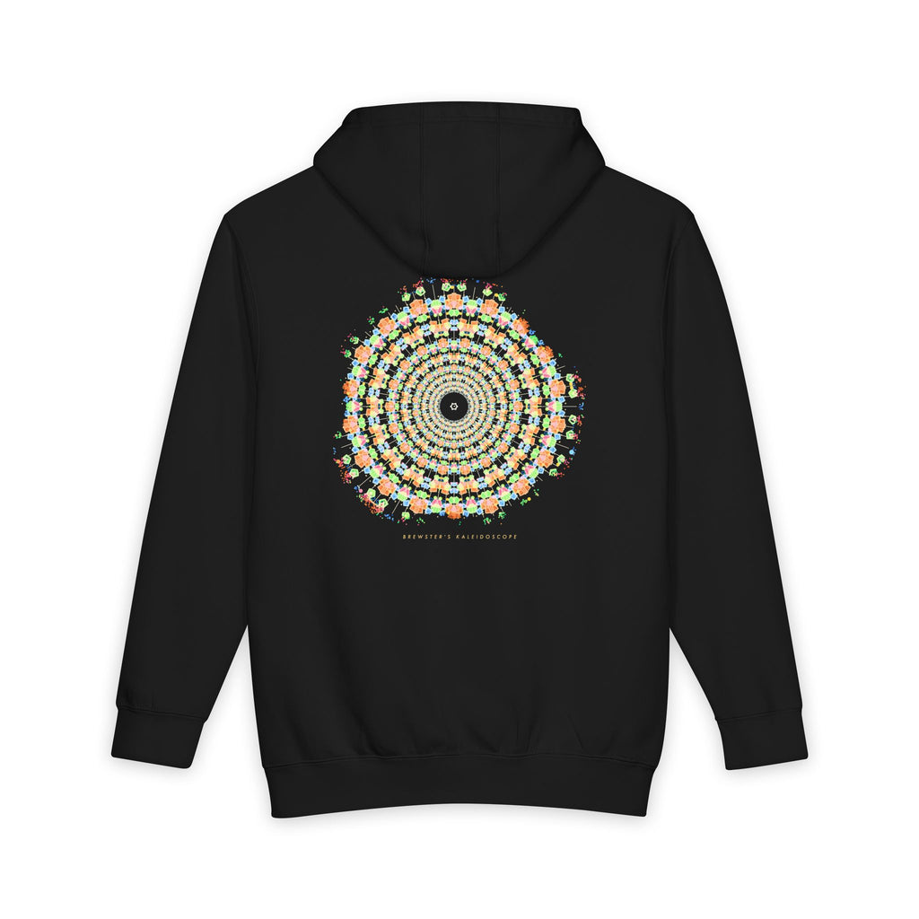 Brewster's Kaleidoscope heavyweight hoodie in Black, original art by AuraCanvas