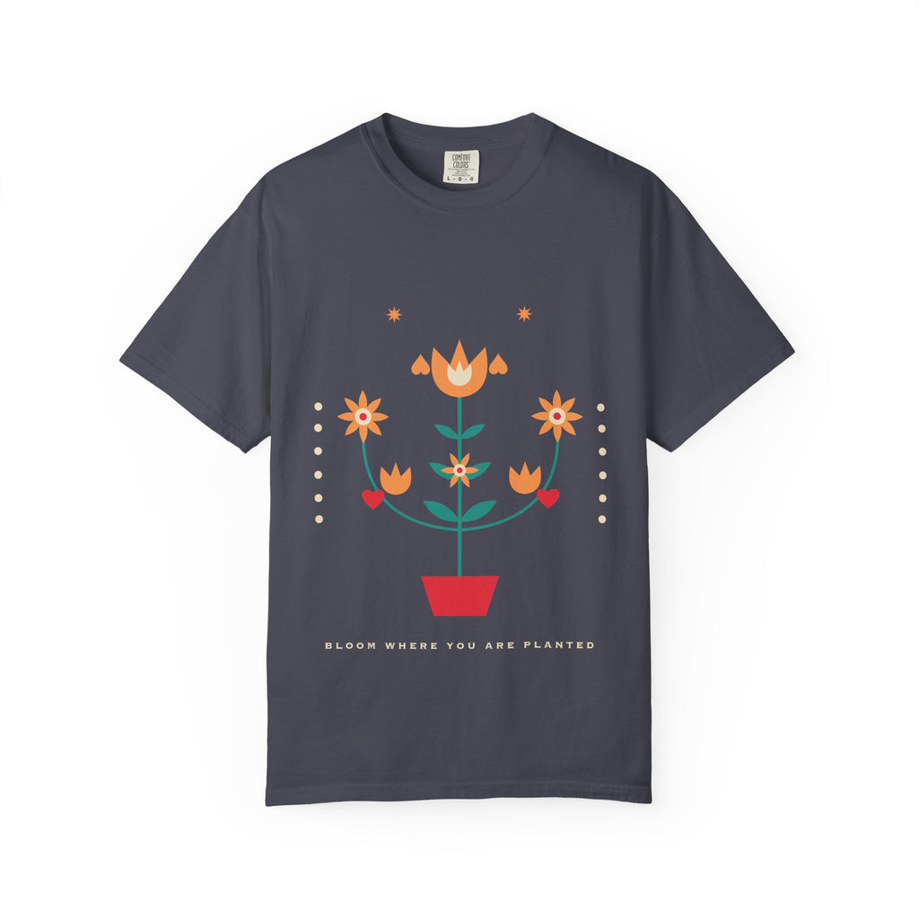 Folk Bloom graphic tee in Navy, original art by AuraCanvas