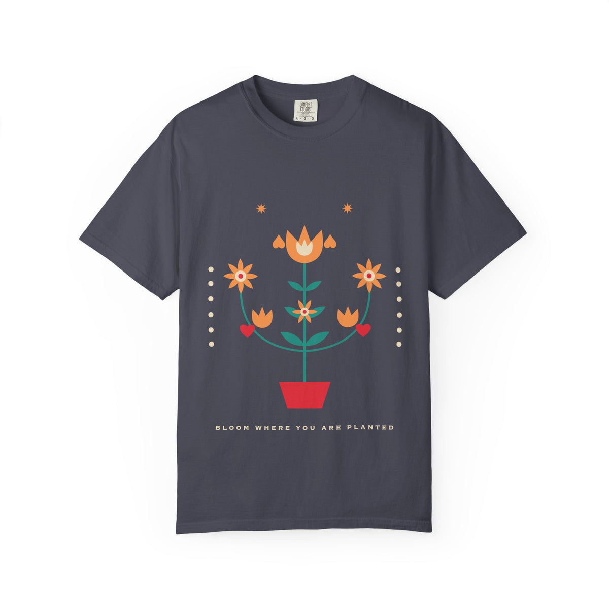 Folk Bloom graphic tee in Navy, original art by AuraCanvas
