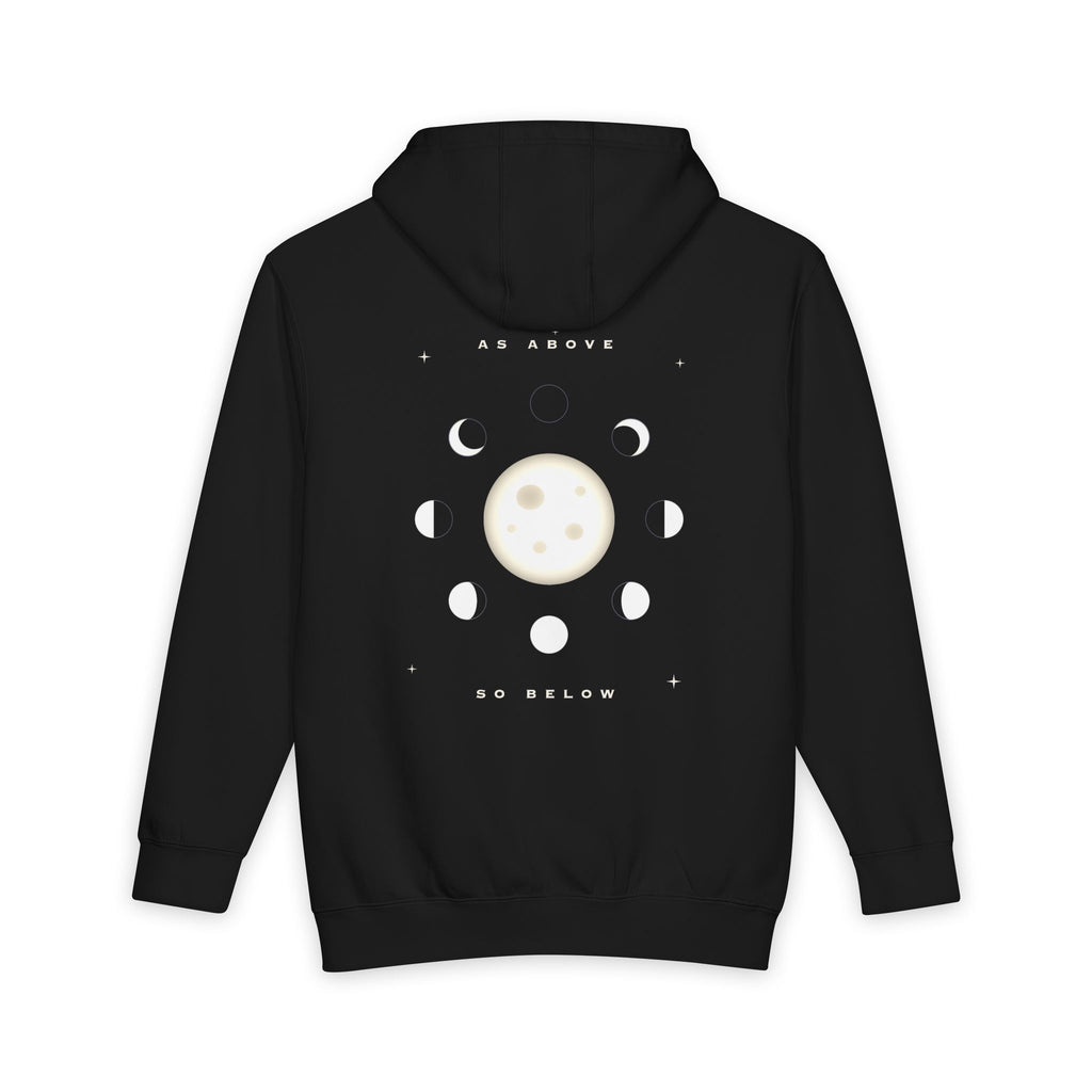 As Above, So Below heavyweight hoodie in Black, original art by AuraCanvas