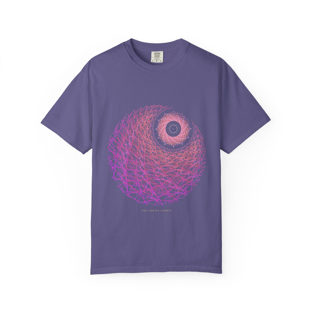 The Vortex Tunnel graphic tee in Grape, original art by AuraCanvas
