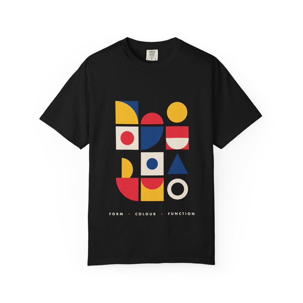 Bauhaus Blocks graphic tee in Black, original art by AuraCanvas