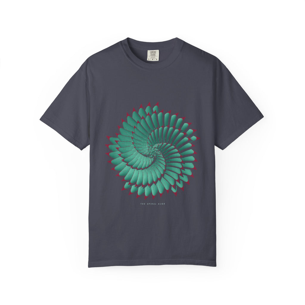The Spiral Aloe graphic tee in Navy, original art by AuraCanvas