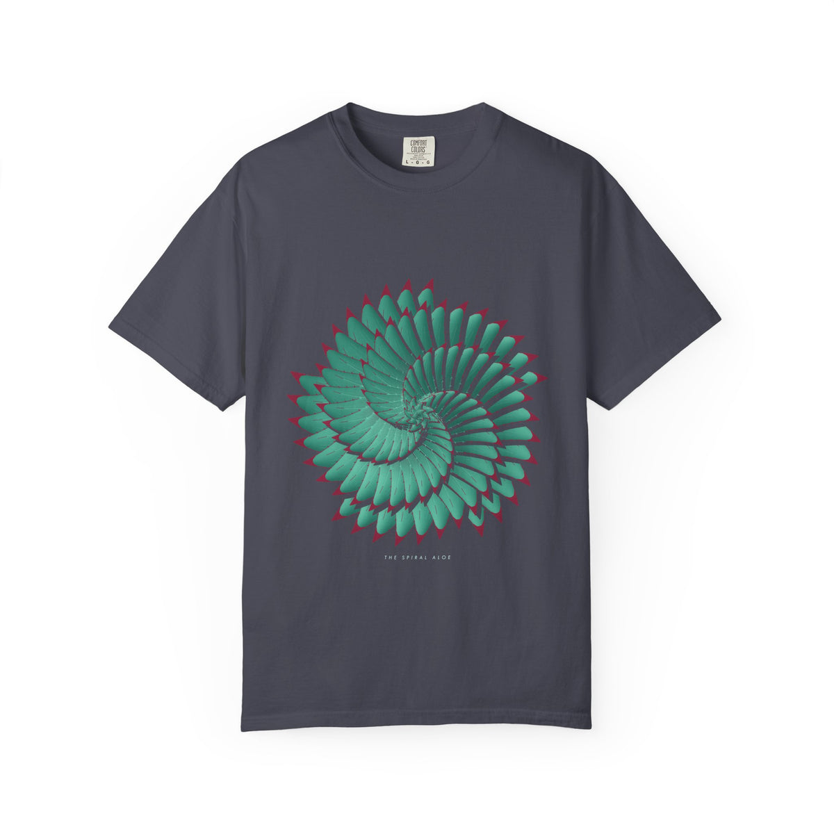 The Spiral Aloe graphic tee in Navy, original art by AuraCanvas