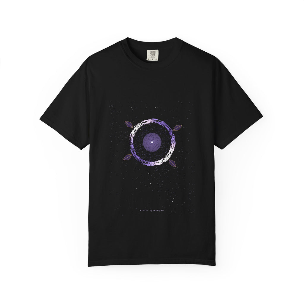 Violet Supernova graphic tee in Black, original art by AuraCanvas