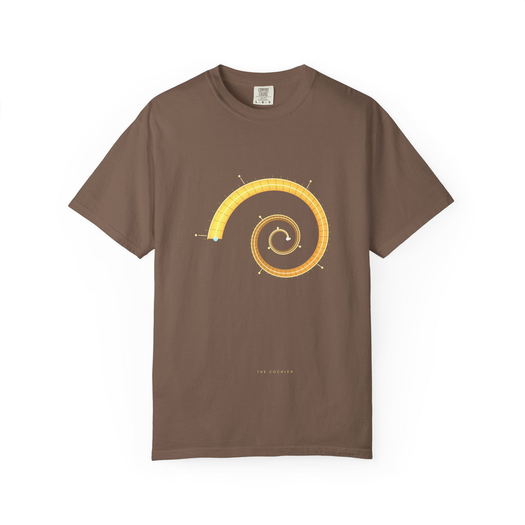 The Cochlea graphic tee in Espresso, original art by AuraCanvas