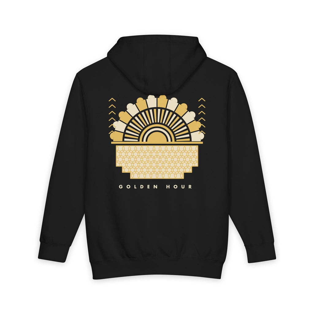 Golden Hour Fan heavyweight hoodie in Black, original art by AuraCanvas