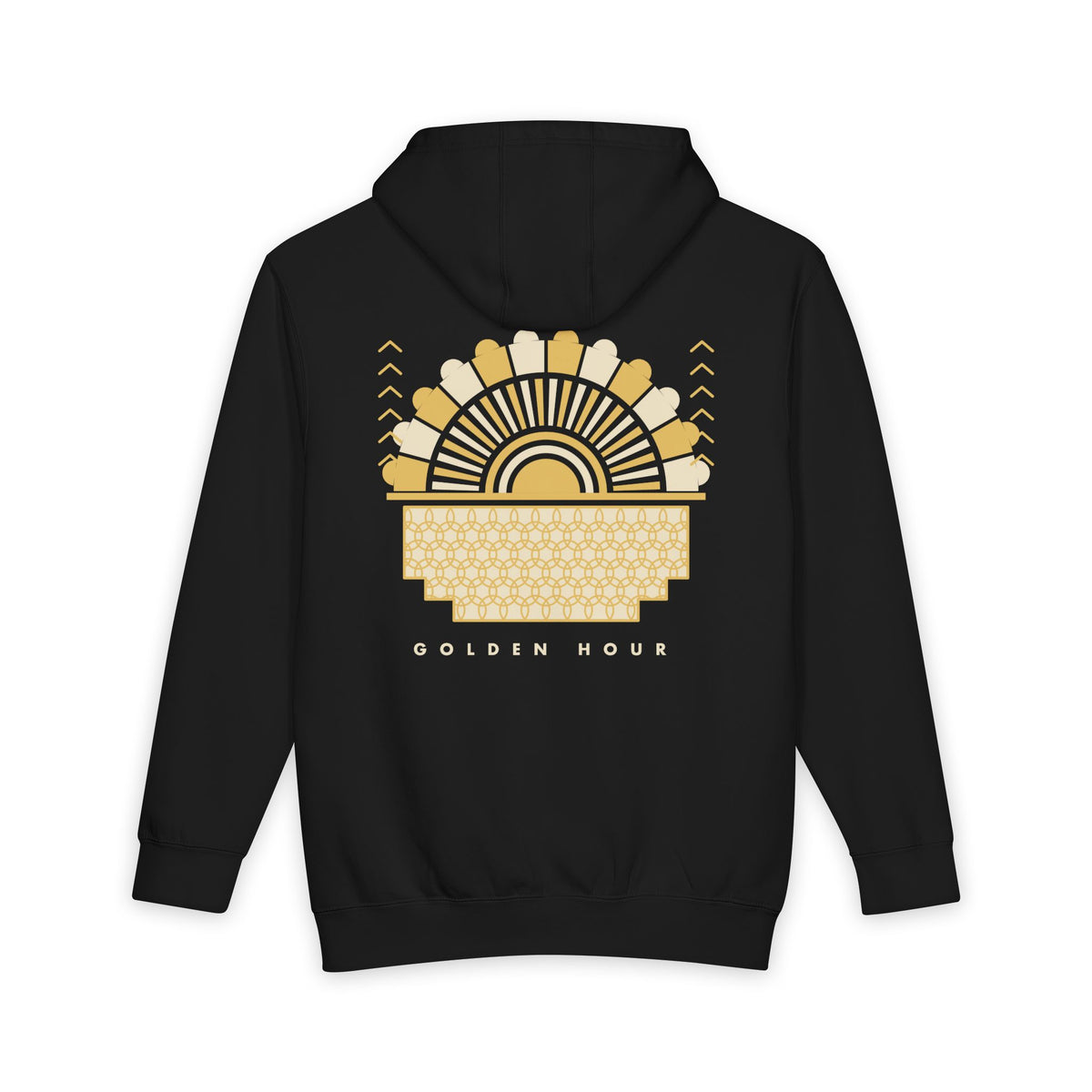 Golden Hour Fan heavyweight hoodie in Black, original art by AuraCanvas