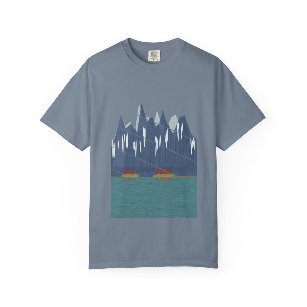 Lofoten graphic tee in Blue Jean, original art by AuraCanvas