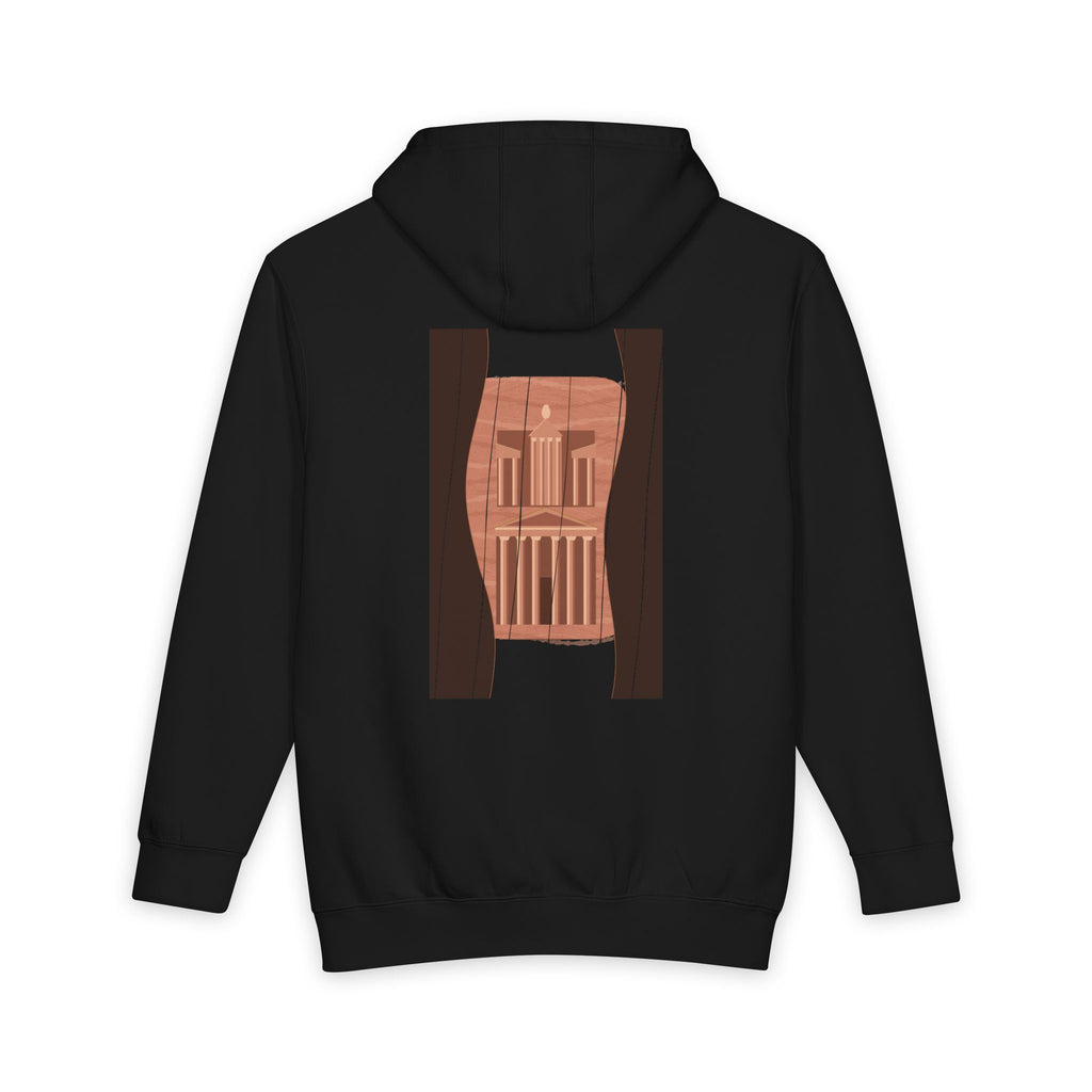 Petra heavyweight hoodie in Black, original art by AuraCanvas
