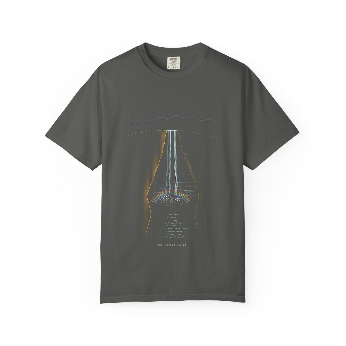 The Lower Falls graphic tee in Pepper, original art by AuraCanvas