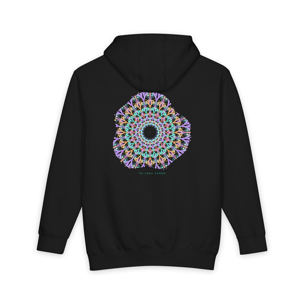 The Coral Garden heavyweight hoodie in Black, original art by AuraCanvas