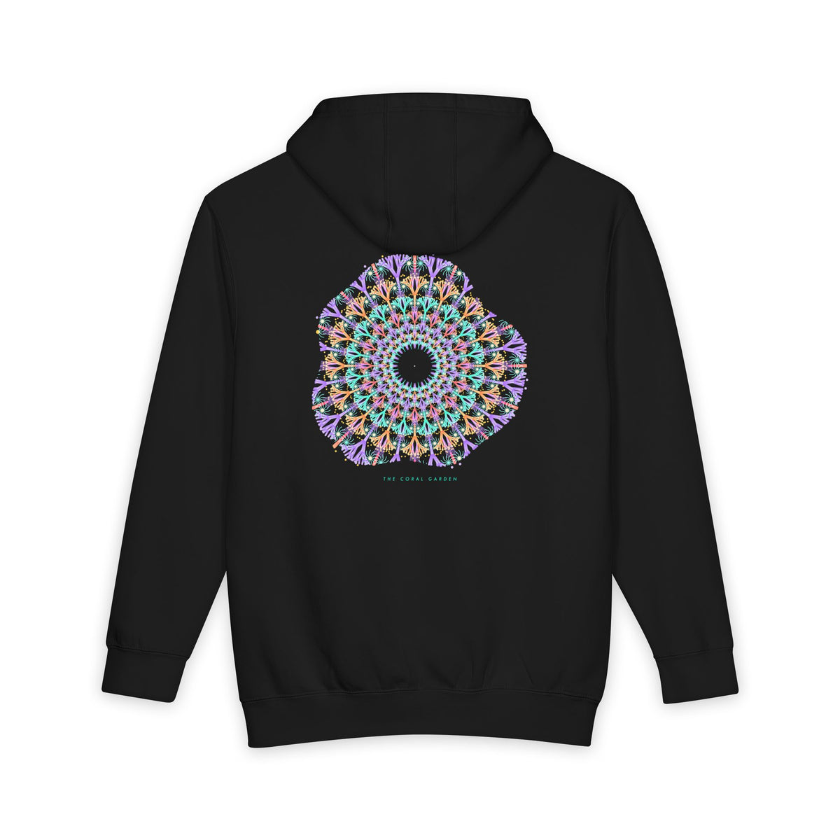The Coral Garden heavyweight hoodie in Black, original art by AuraCanvas