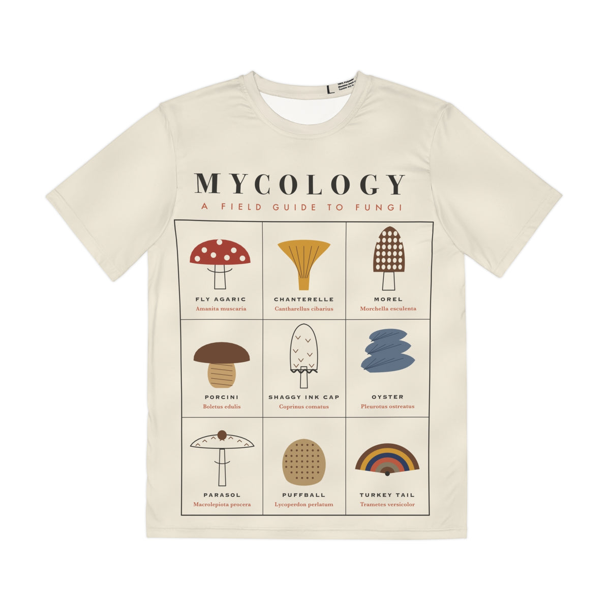 Mushroom Field Guide all-over print tee, view 1