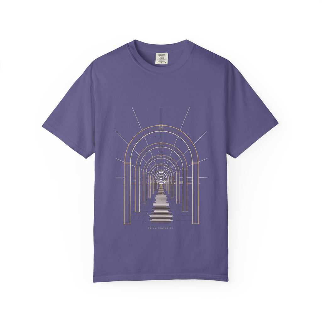 Dream Dimension graphic tee in Grape, original art by AuraCanvas