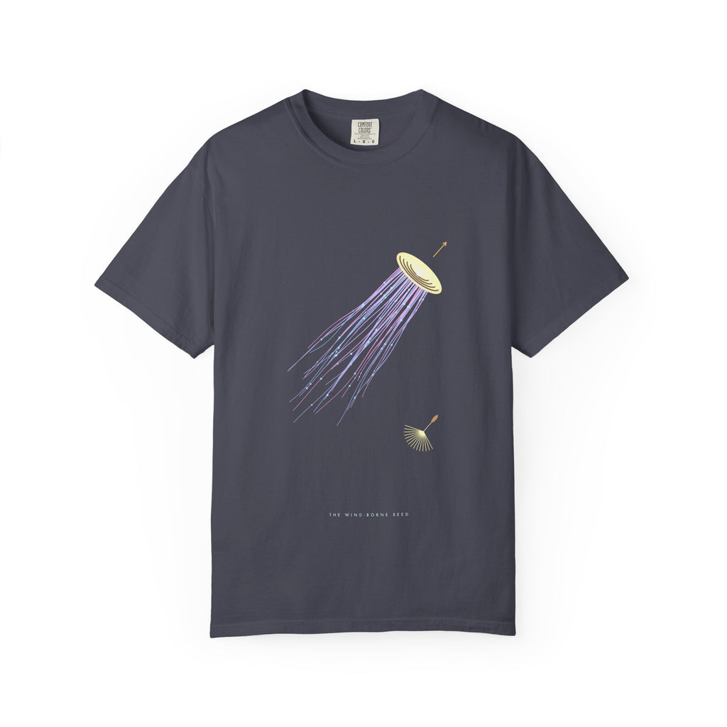 The Wind-Borne Seed graphic tee in Navy, original art by AuraCanvas