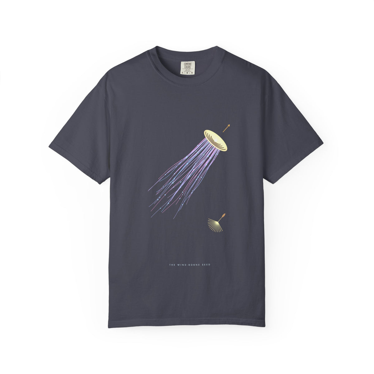 The Wind-Borne Seed graphic tee in Navy, original art by AuraCanvas
