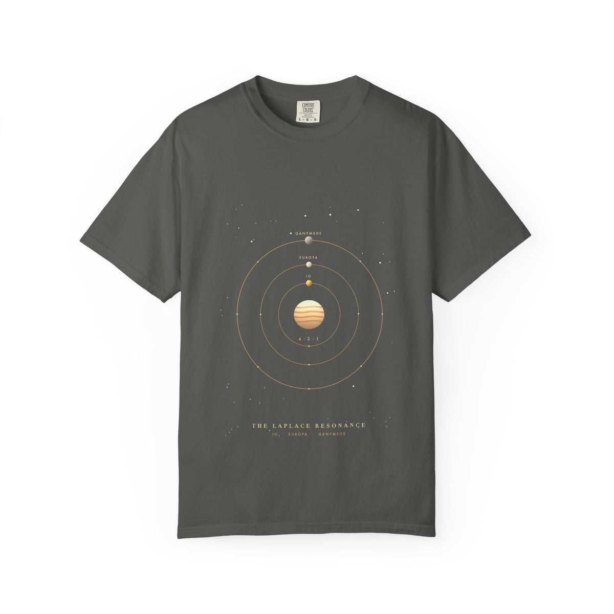 The Laplace Resonance graphic tee in Pepper, original art by AuraCanvas