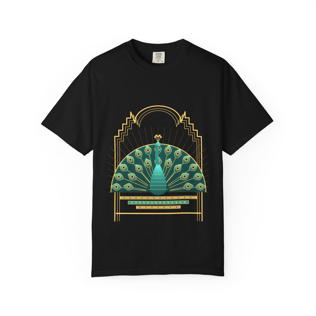 Deco Peacock graphic tee in Black, original art by AuraCanvas
