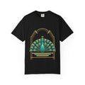 Deco Peacock graphic tee in Black, original art by AuraCanvas