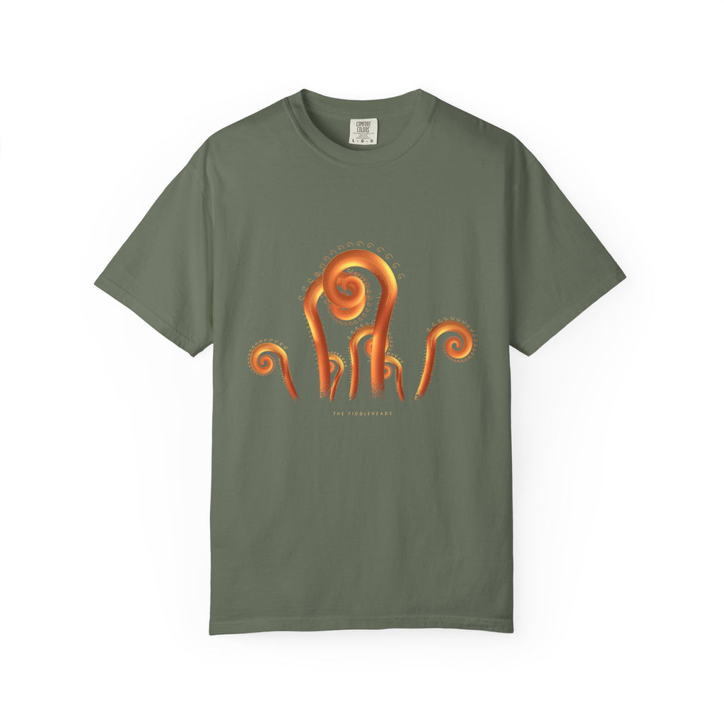 The Fiddleheads graphic tee in Moss, original art by AuraCanvas