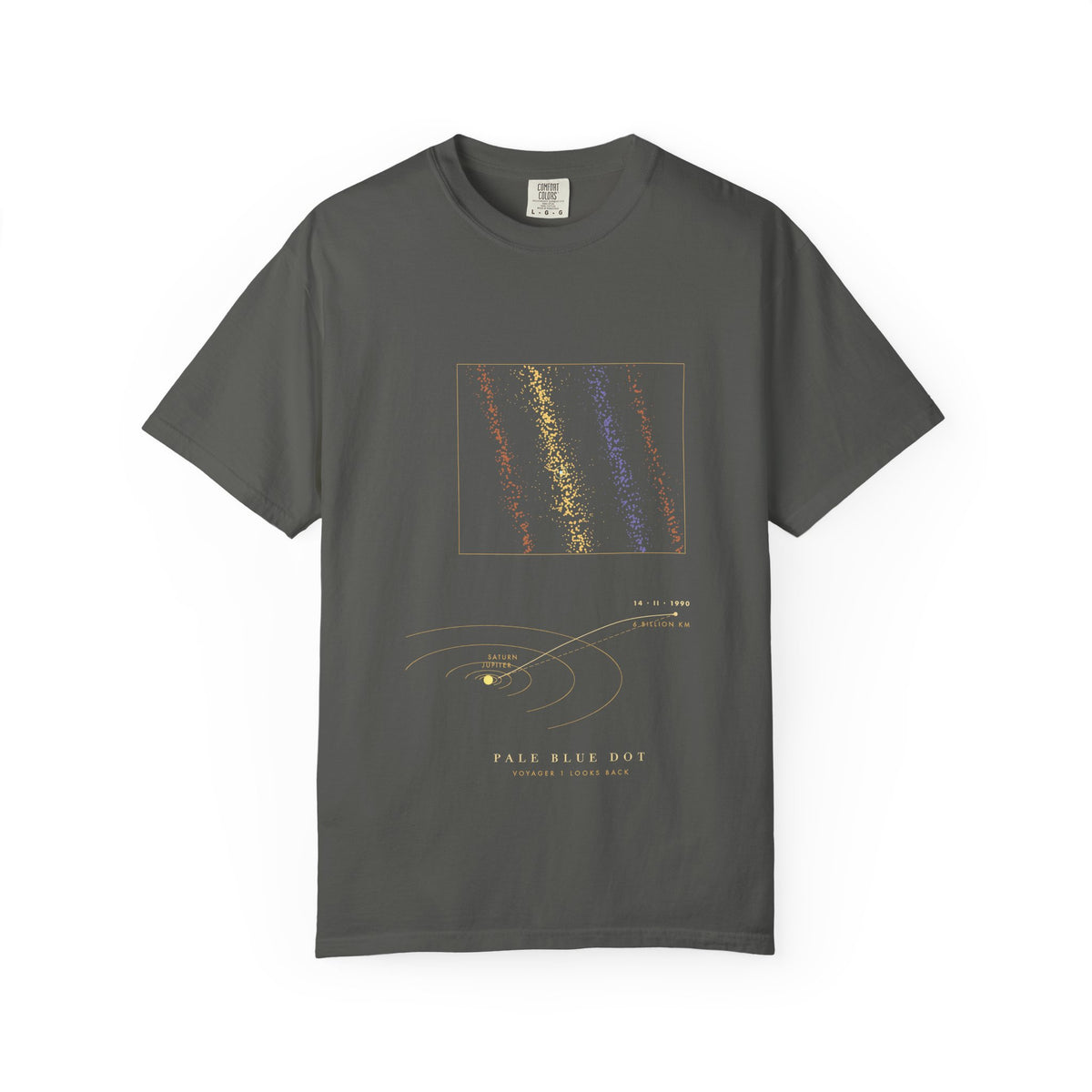 Pale Blue Dot graphic tee in Pepper, original art by AuraCanvas