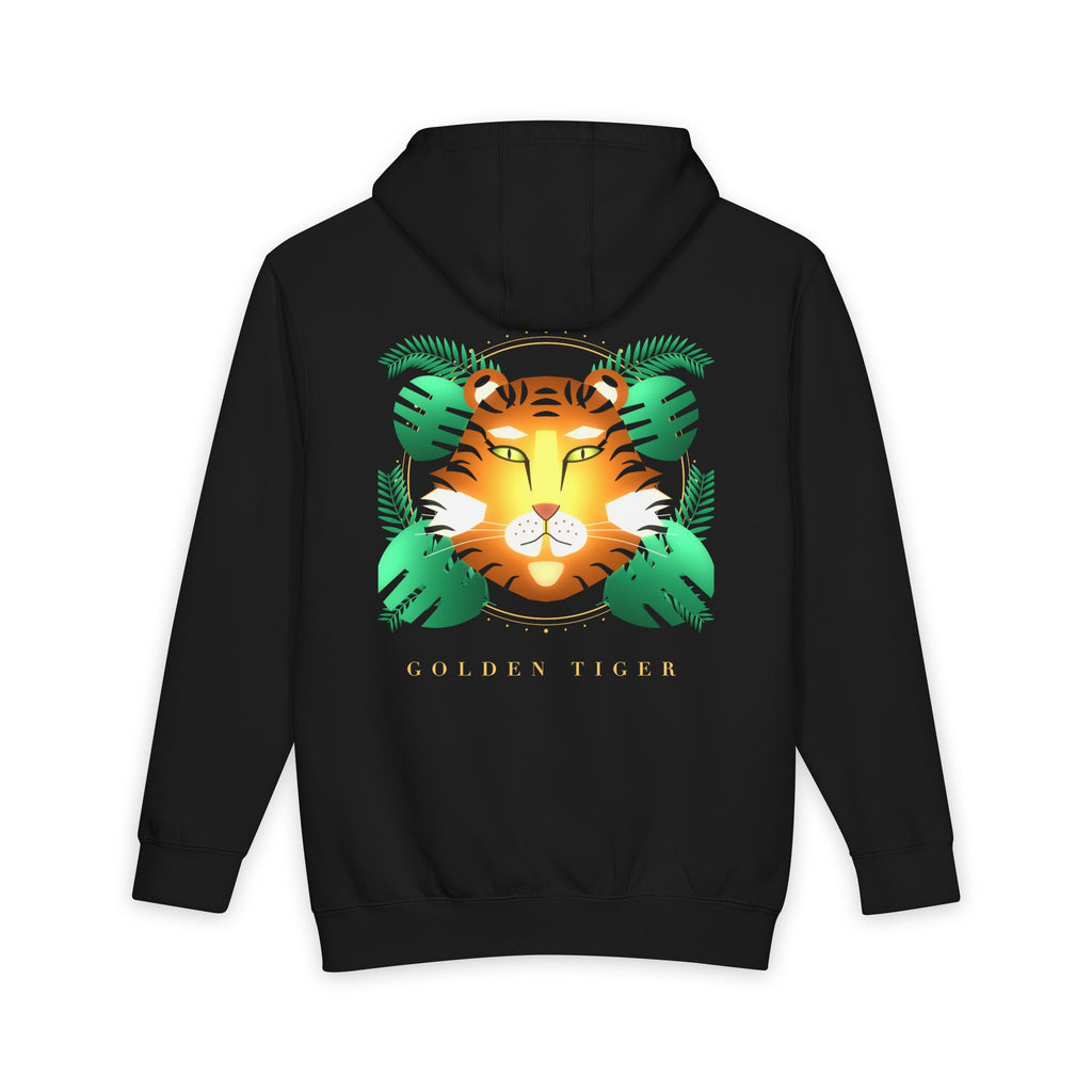 Golden Tiger heavyweight hoodie in Black, original art by AuraCanvas