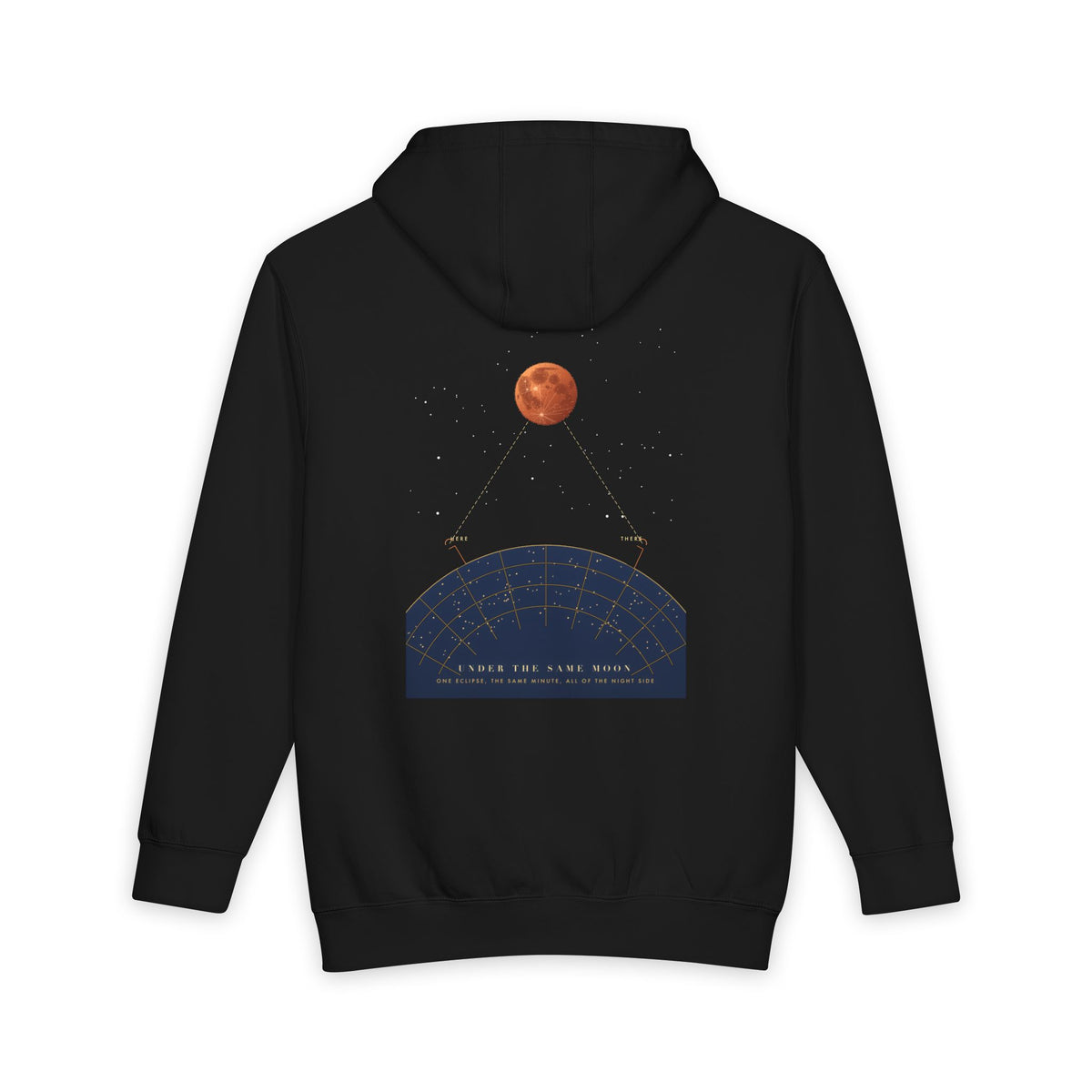 Under the Same Moon heavyweight hoodie in Black, original art by AuraCanvas