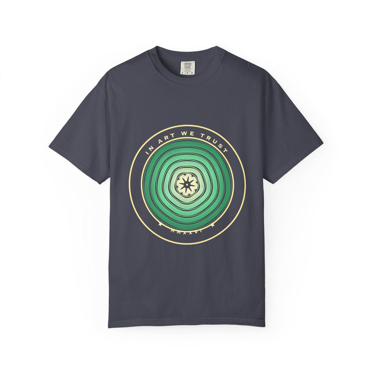 In Art We Trust graphic tee in Navy, original art by AuraCanvas