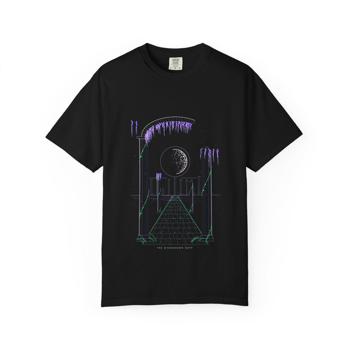 The Overgrown Gate graphic tee in Black, original art by AuraCanvas