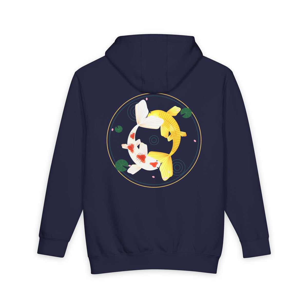 Koi Orbit heavyweight hoodie in Navy Blue, original art by AuraCanvas
