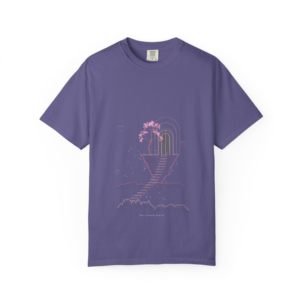 The Hidden Realm graphic tee in Grape, original art by AuraCanvas