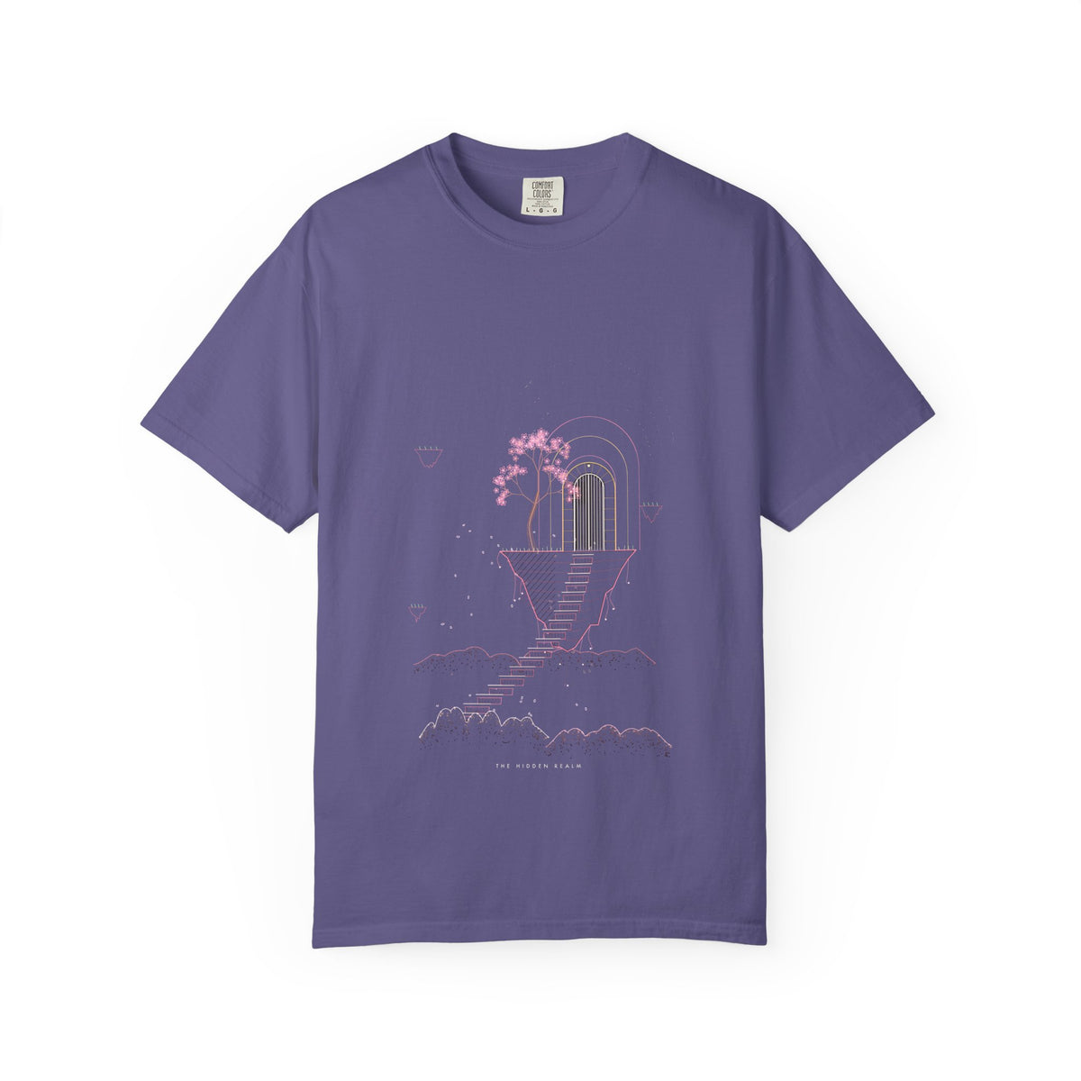 The Hidden Realm graphic tee in Grape, original art by AuraCanvas