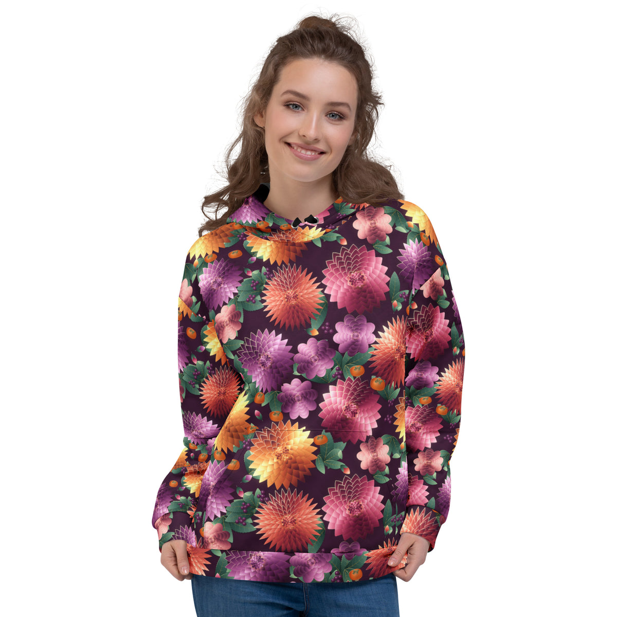 Plum Noir all-over print hoodie on a female model, original art by AuraCanvas