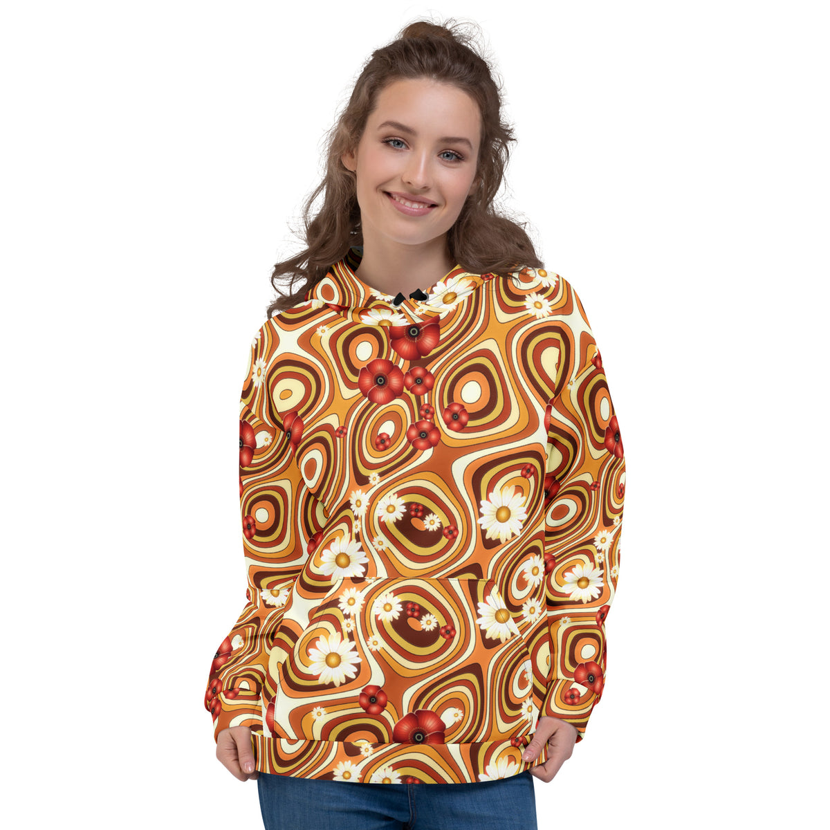 Trip Garden all-over print hoodie on a female model, original art by AuraCanvas