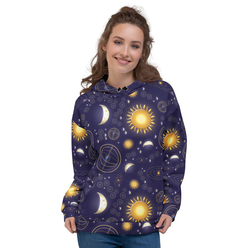 Celestial Orrery all-over print hoodie on a female model, original art by AuraCanvas