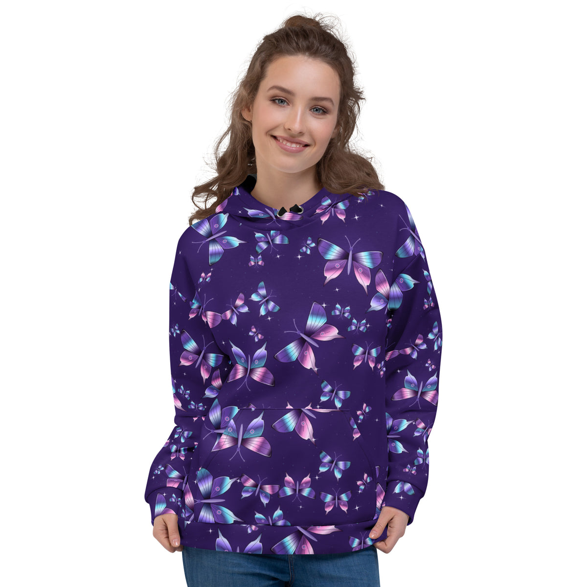 Chrome Butterflies all-over print hoodie on a female model, original art by AuraCanvas