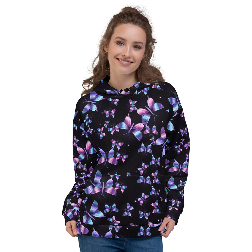 Chrome Butterflies Black all-over print hoodie on a female model, original art by AuraCanvas