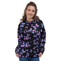 Chrome Butterflies Black all-over print hoodie on a female model, original art by AuraCanvas